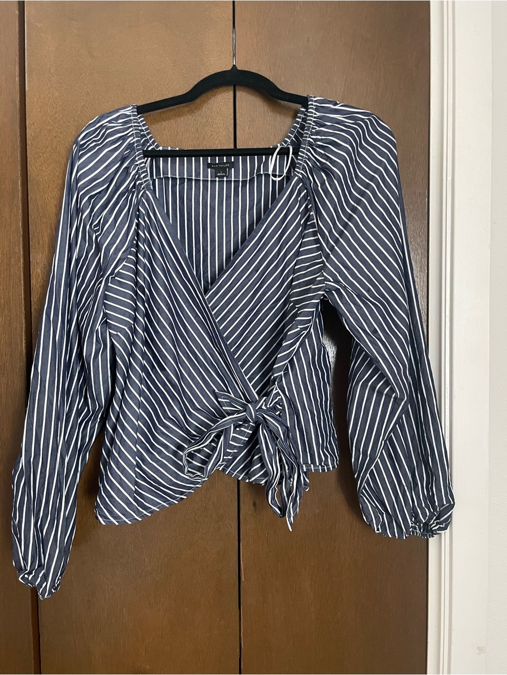 Ann Taylor Navy and White Striped Wrap Blouse with Tie